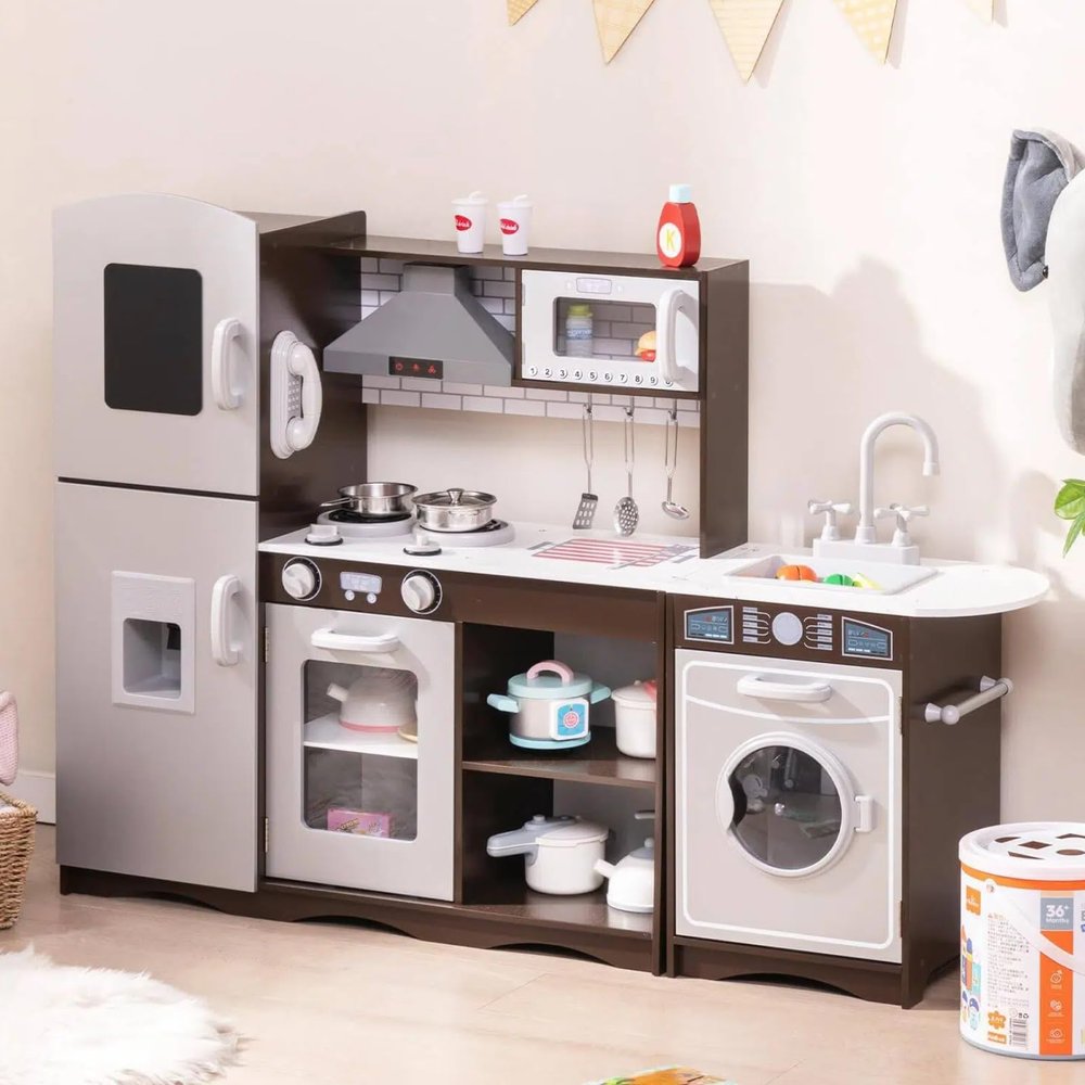 HONEY JOY Kids Kitchen Playset, 2-Piece Modular Wooden Play Kitchen for Toddlers & Washing Machine w/Sink, Lighted Range Hood, Blackboard, Ice Maker, Little Chef Pretend Corner Toy Kitchen Set, Coffee