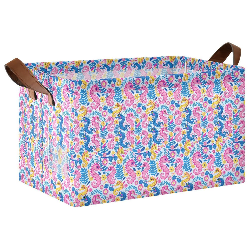 ALAZA Seahorse Flower Palm Leaves Rectangular Closet Storage Box Storage Bin Basket Storage Cube with Leather Handles Nursery Storage Laundry Hamper 2 Piece