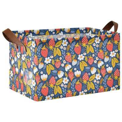 ALAZA Cartoon Strawberry White Flower Rectangular Closet Storage Box Storage Bin Basket Storage Cube with Leather Handles Nursery Storage Laundry Hamper 2 Piece