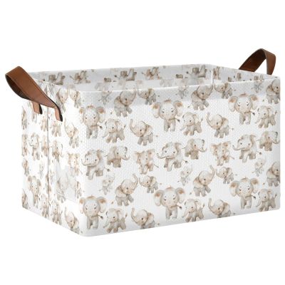 ALAZA Elephant on White Rectangular Closet Storage Box Storage Bin Basket Storage Cube with Leather Handles Nursery Storage Laundry Hamper 2 Piece