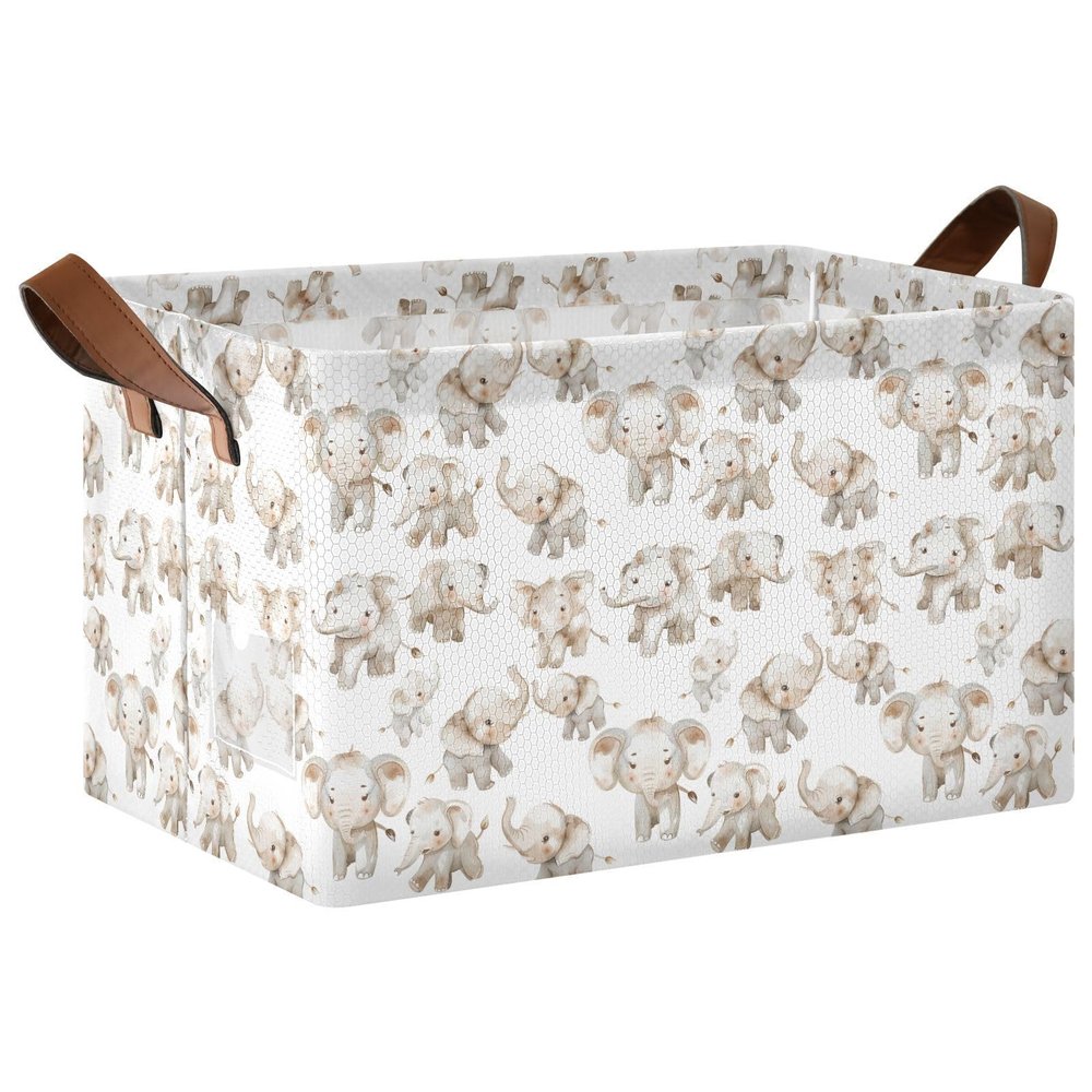 ALAZA Elephant on White Rectangular Closet Storage Box Storage Bin Basket Storage Cube with Leather Handles Nursery Storage Laundry Hamper 2 Piece