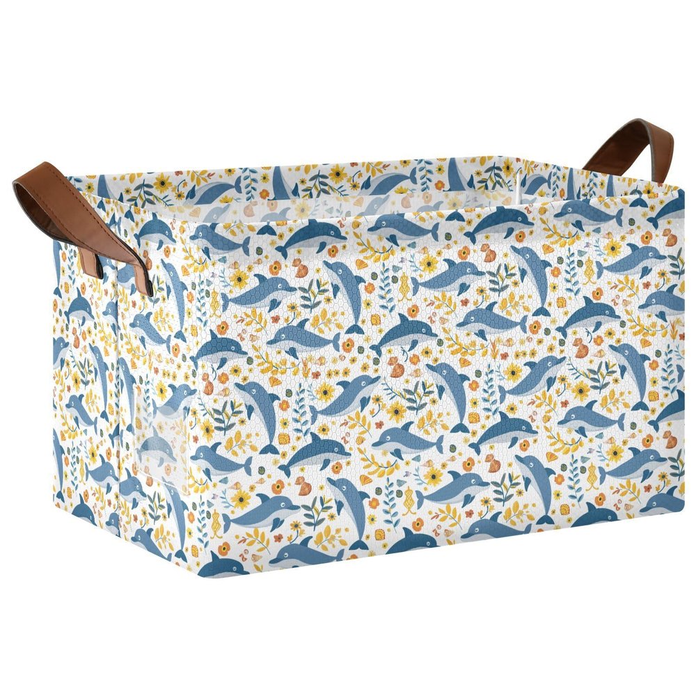 ALAZA Dolphin Yellow Flower Rectangular Closet Storage Box Storage Bin Basket Storage Cube with Leather Handles Nursery Storage Laundry Hamper 2 Piece