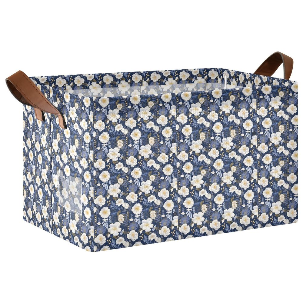 ALAZA Flower Blue Leaves Elegant Rectangular Closet Storage Box Storage Bin Basket Storage Cube with Leather Handles Nursery Storage Laundry Hamper 2 Piece
