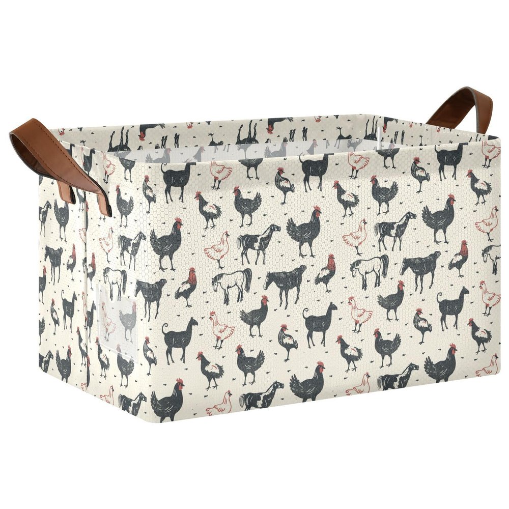 ALAZA Chicken Horse Rooster Rectangular Closet Storage Box Storage Bin Basket Storage Cube with Leather Handles Nursery Storage Laundry Hamper 2 Piece