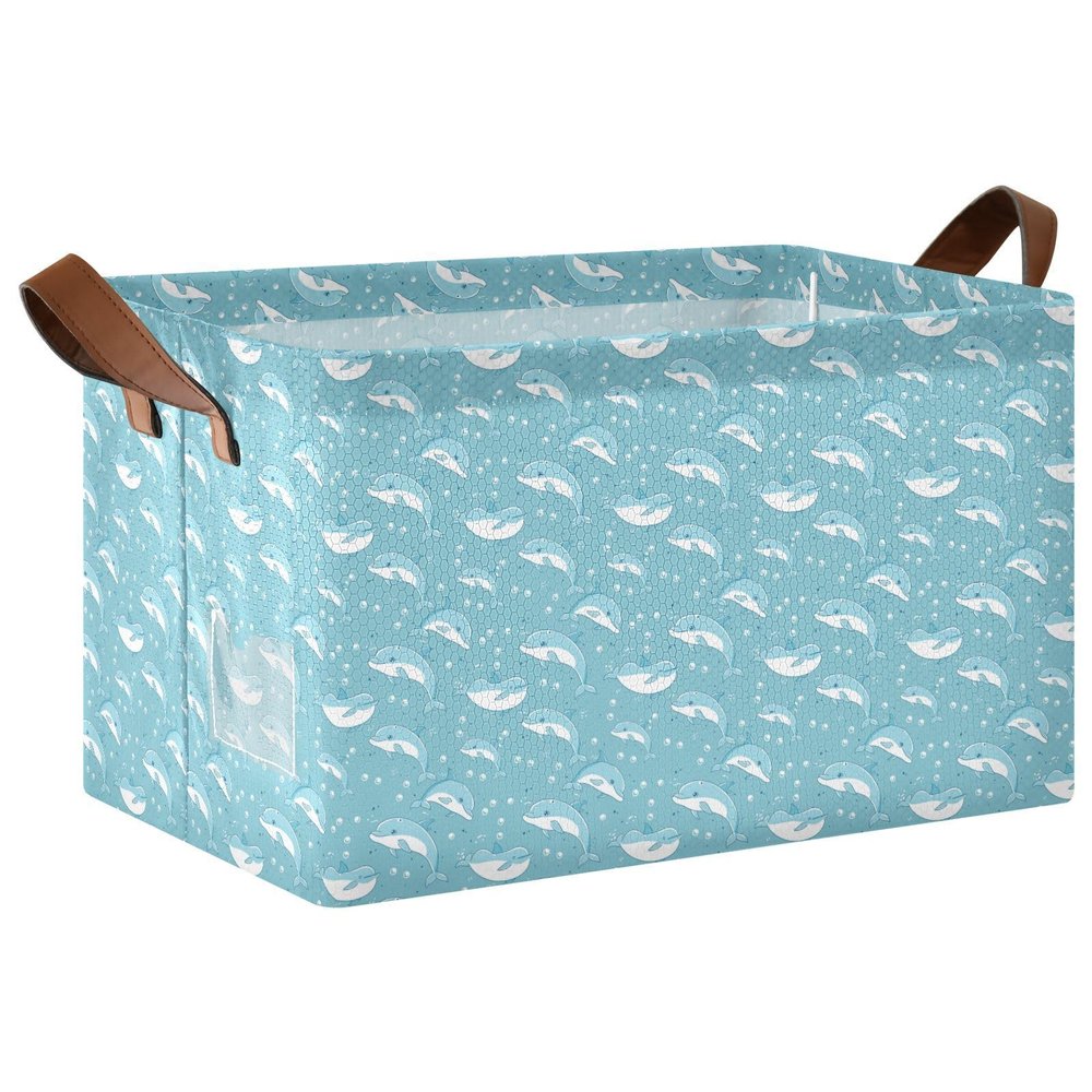ALAZA Cartoon Dolphin Blue Rectangular Closet Storage Box Storage Bin Basket Storage Cube with Leather Handles Nursery Storage Laundry Hamper 2 Piece