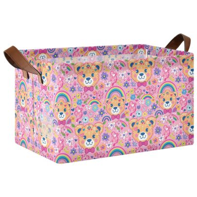 ALAZA Bear Rainbow Flower Floral Rectangular Closet Storage Box Storage Bin Basket Storage Cube with Leather Handles Nursery Storage Laundry Hamper 2 Piece