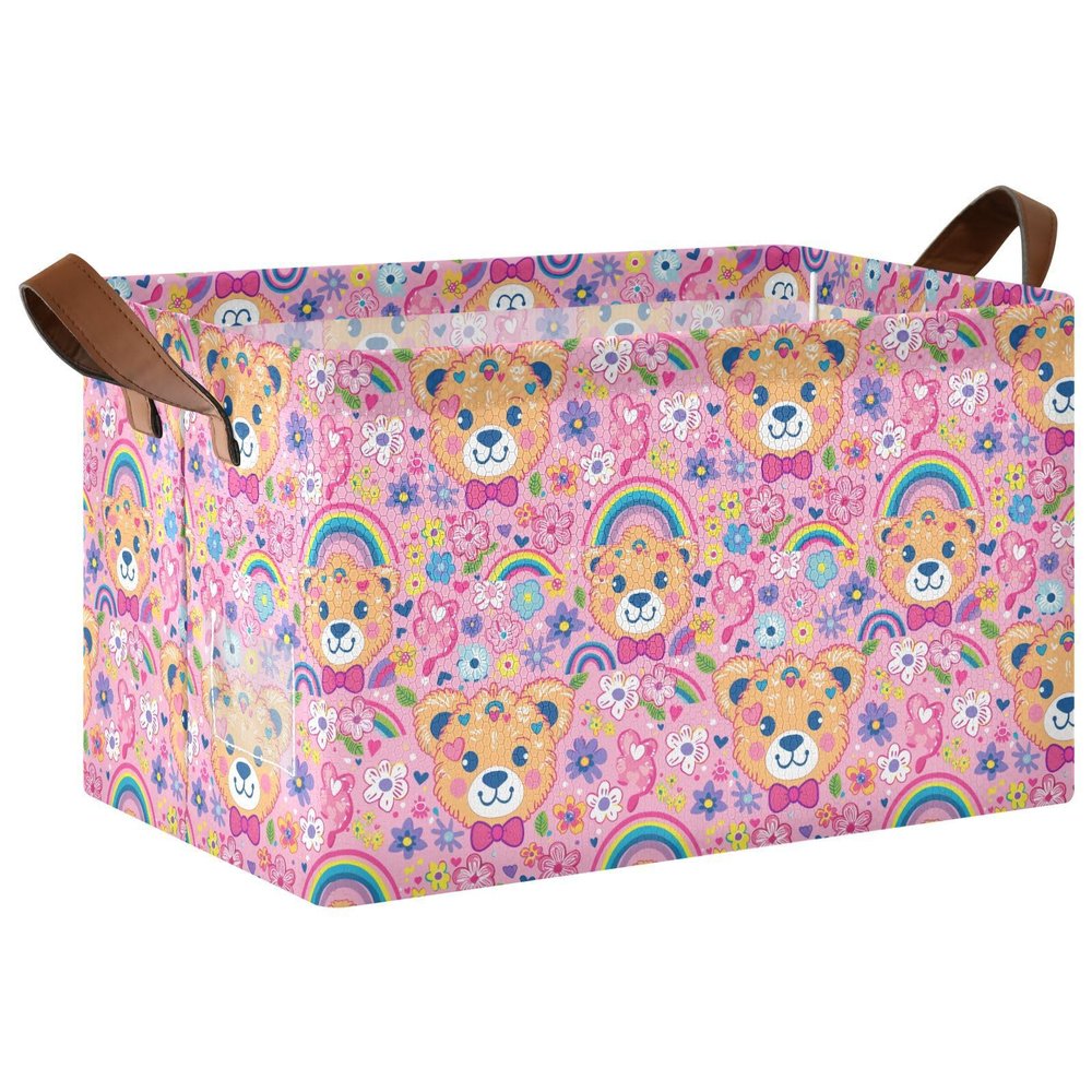 ALAZA Bear Rainbow Flower Floral Rectangular Closet Storage Box Storage Bin Basket Storage Cube with Leather Handles Nursery Storage Laundry Hamper 2 Piece