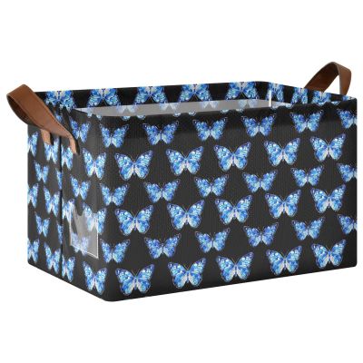 ALAZA Blue Butterfly Black Rectangular Closet Storage Box Storage Bin Basket Storage Cube with Leather Handles Nursery Storage Laundry Hamper 2 Piece