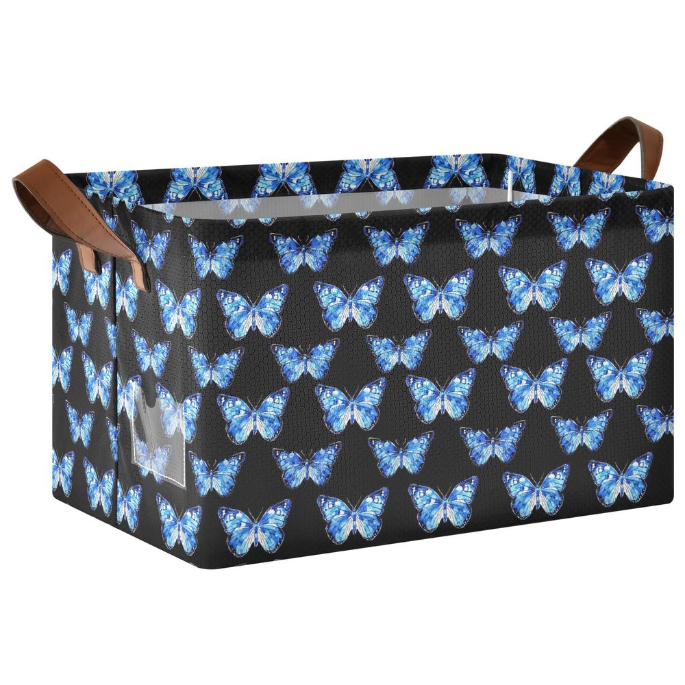 ALAZA Blue Butterfly Black Rectangular Closet Storage Box Storage Bin Basket Storage Cube with Leather Handles Nursery Storage Laundry Hamper 2 Piece