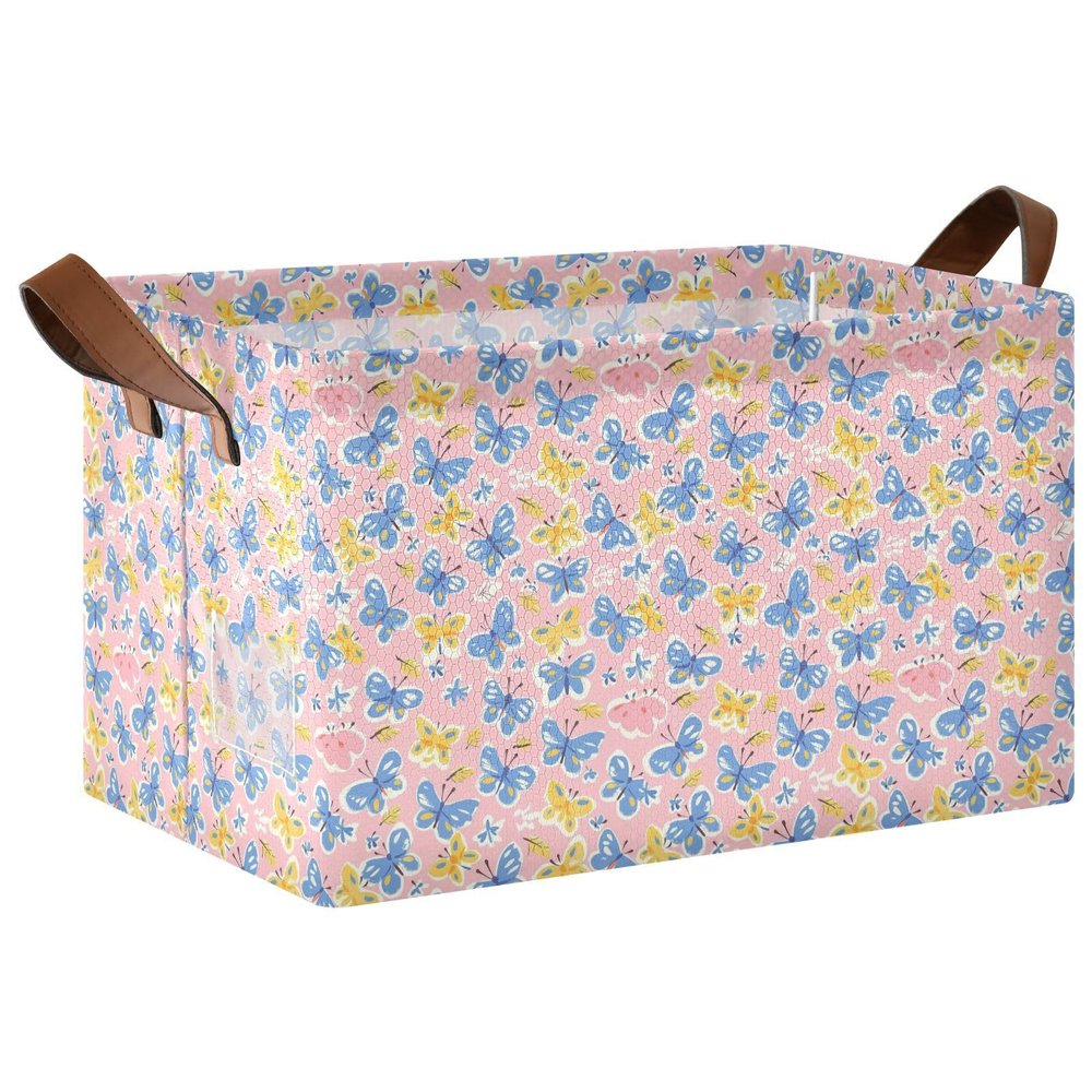ALAZA Butterfly Blue Yellow Rectangular Closet Storage Box Storage Bin Basket Storage Cube with Leather Handles Nursery Storage Laundry Hamper 2 Piece