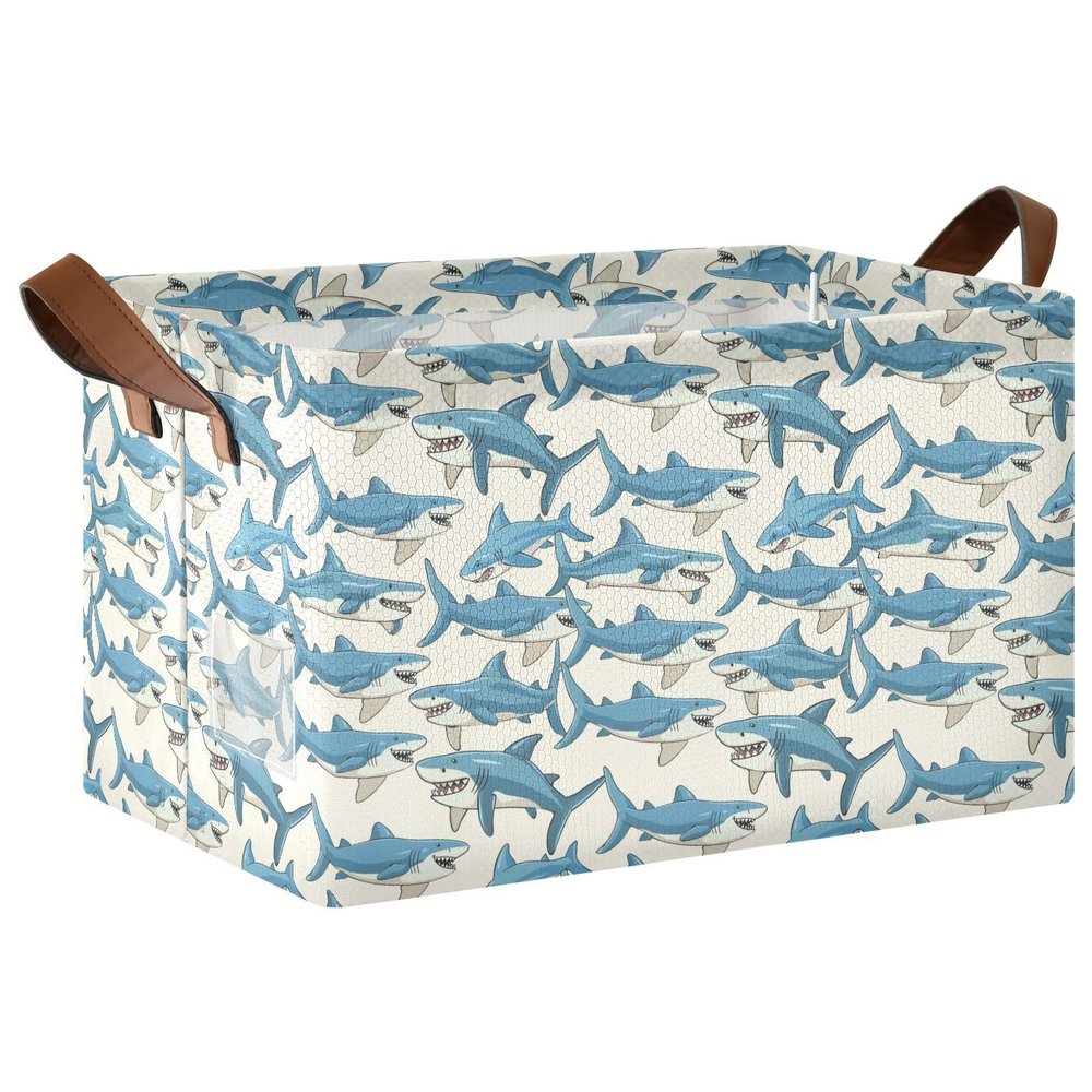 ALAZA Blue Shark Cartoon Rectangular Closet Storage Box Storage Bin Basket Storage Cube with Leather Handles Nursery Storage Laundry Hamper 2 Piece