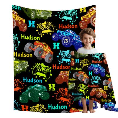 Personalized Custom Colorful Game Truck Name Blanket for Boys & Girls, Soft Cozy Swaddle Newborn Receiving Blanket with Name, Christmas Birthday Gift 30''x 40''