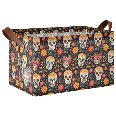 ALAZA Blossom Skull Head Dia De Los Muertos Rectangular Closet Storage Box Storage Bin Basket Storage Cube with Leather Handles Nursery Storage Laundry Hamper 2 Piece