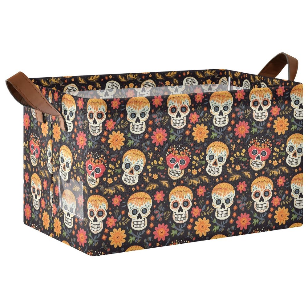 ALAZA Blossom Skull Head Dia De Los Muertos Rectangular Closet Storage Box Storage Bin Basket Storage Cube with Leather Handles Nursery Storage Laundry Hamper 2 Piece