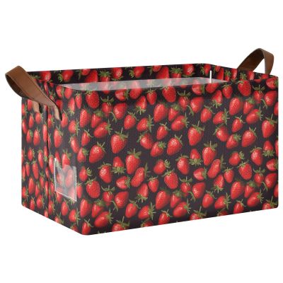 ALAZA Strawberry on Black Rectangular Closet Storage Box Storage Bin Basket Storage Cube with Leather Handles Nursery Storage Laundry Hamper 2 Piece