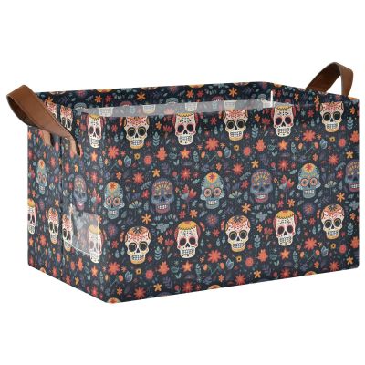ALAZA Sugar Skull Flower Floral Black Rectangular Closet Storage Box Storage Bin Basket Storage Cube with Leather Handles Nursery Storage Laundry Hamper 2 Piece