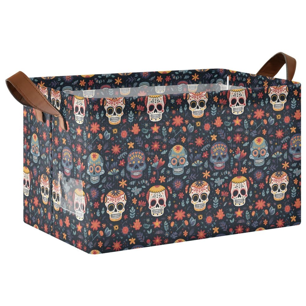 ALAZA Sugar Skull Flower Floral Black Rectangular Closet Storage Box Storage Bin Basket Storage Cube with Leather Handles Nursery Storage Laundry Hamper 2 Piece