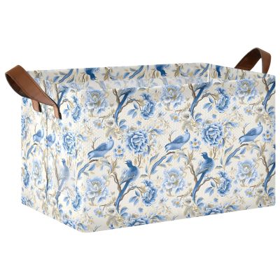 ALAZA Peacock Blue Flower Floral Rectangular Closet Storage Box Storage Bin Basket Storage Cube with Leather Handles Nursery Storage Laundry Hamper 2 Piece