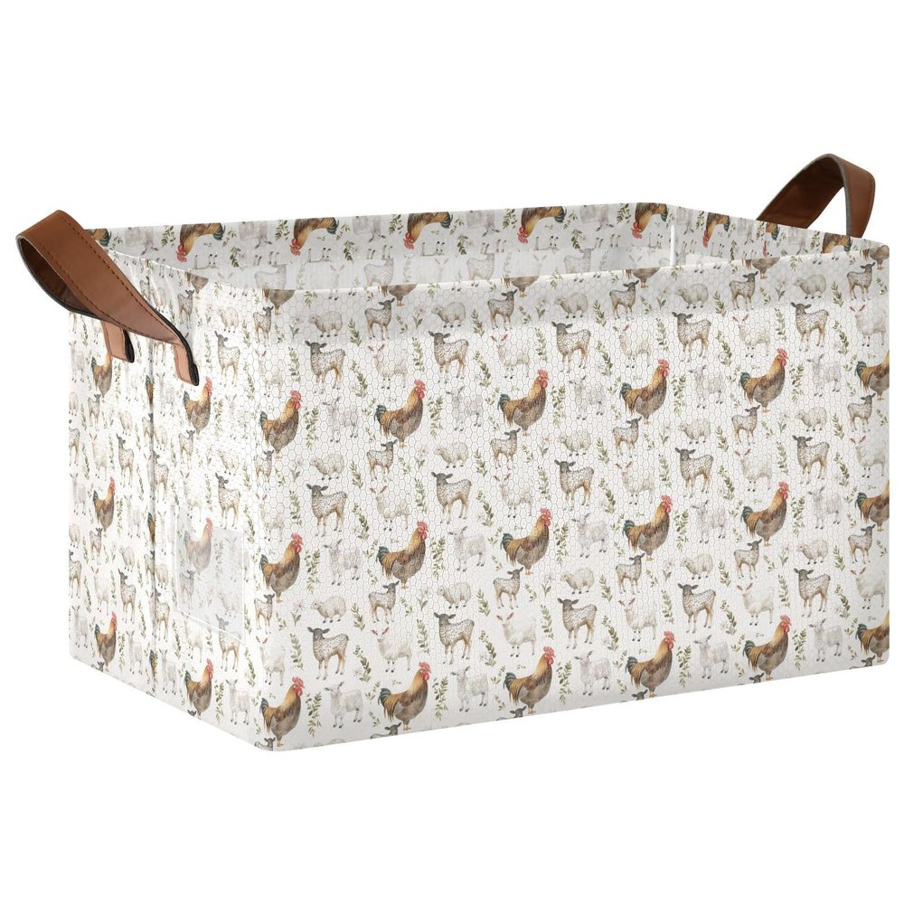 ALAZA Sheep Flower Rooster Rectangular Closet Storage Box Storage Bin Basket Storage Cube with Leather Handles Nursery Storage Laundry Hamper 2 Piece