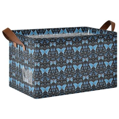 ALAZA Butterfly Flower Blue Black Rectangular Closet Storage Box Storage Bin Basket Storage Cube with Leather Handles Nursery Storage Laundry Hamper 2 Piece