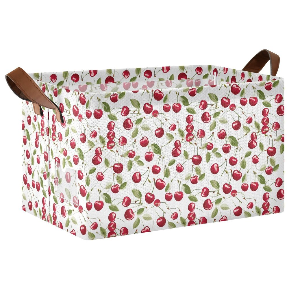 ALAZA Cherry Fruit Leaves on White Rectangular Closet Storage Box Storage Bin Basket Storage Cube with Leather Handles Nursery Storage Laundry Hamper 2 Piece