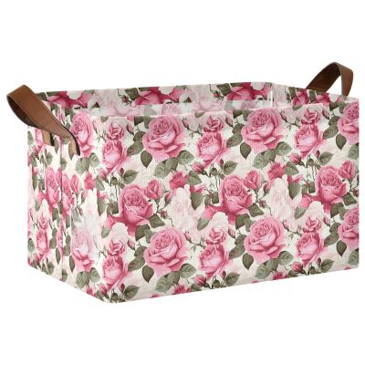 ALAZA Chic Rose Flower Floral Rectangular Closet Storage Box Storage Bin Basket Storage Cube with Leather Handles Nursery Storage Laundry Hamper 2 Piece