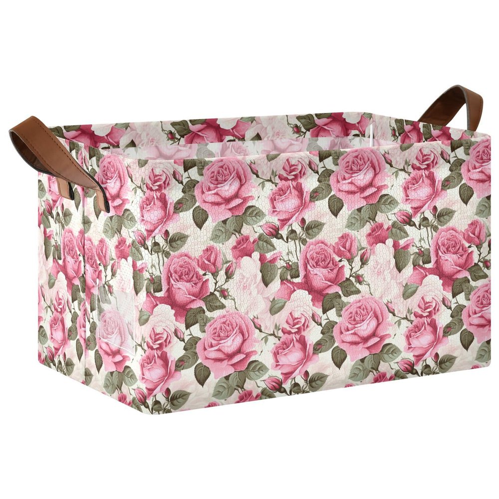 ALAZA Chic Rose Flower Floral Rectangular Closet Storage Box Storage Bin Basket Storage Cube with Leather Handles Nursery Storage Laundry Hamper 2 Piece