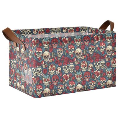 ALAZA Day of The Dead Floral Sugar Skull Rectangular Closet Storage Box Storage Bin Basket Storage Cube with Leather Handles Nursery Storage Laundry Hamper 2 Piece