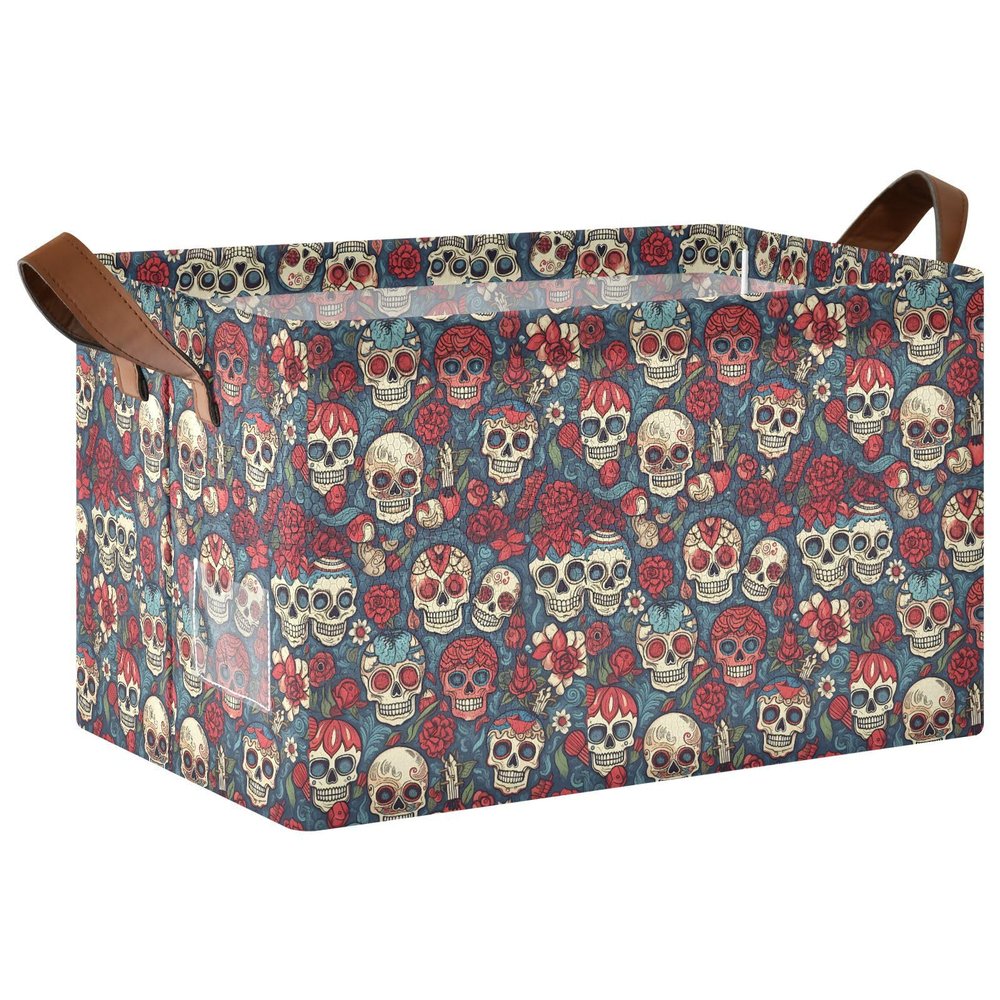 ALAZA Day of The Dead Floral Sugar Skull Rectangular Closet Storage Box Storage Bin Basket Storage Cube with Leather Handles Nursery Storage Laundry Hamper 2 Piece