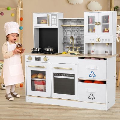 Arlopu Play Kitchen for Kids, Wooden Pretend Toy Kitchen, Large Toodler Cooking Playset w/Cookware, Stove w/Light & Sound, Fabric Boxs, Disinfection Locker, Coffee Maker, Sink, Home Modern Ages 3+