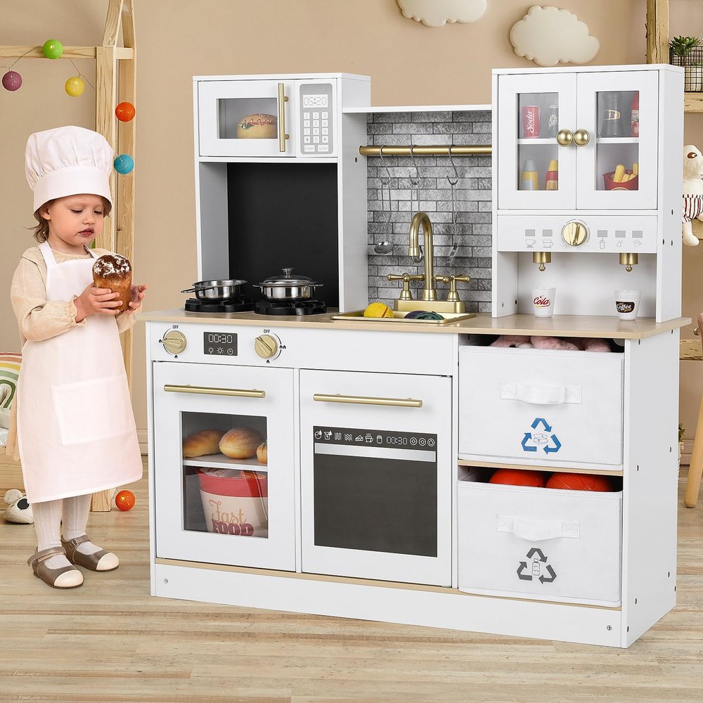 Arlopu Play Kitchen for Kids, Wooden Pretend Toy Kitchen, Large Toodler Cooking Playset w/Cookware, Stove w/Light & Sound, Fabric Boxs, Disinfection Locker, Coffee Maker, Sink, Home Modern Ages 3+