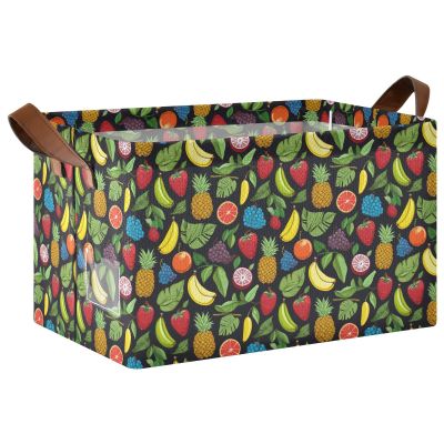 ALAZA Pineapple Lemon Strawberry Black Rectangular Closet Storage Box Storage Bin Basket Storage Cube with Leather Handles Nursery Storage Laundry Hamper 2 Piece