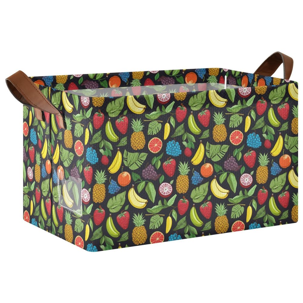 ALAZA Pineapple Lemon Strawberry Black Rectangular Closet Storage Box Storage Bin Basket Storage Cube with Leather Handles Nursery Storage Laundry Hamper 2 Piece