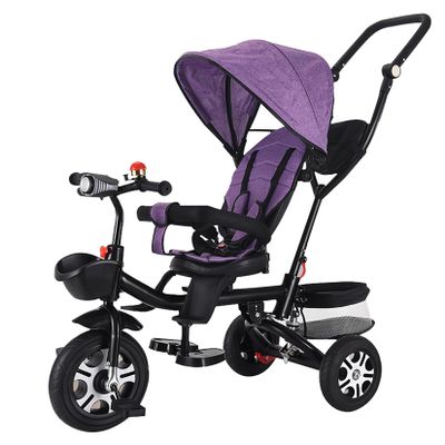 JIYIAN Purple, Children's Stroller Tricycle,Baby Trike with Guardrail, Rotatable Seat, Push Handle, Cover, Toys for Girl Boy Gift Outdoor Activities