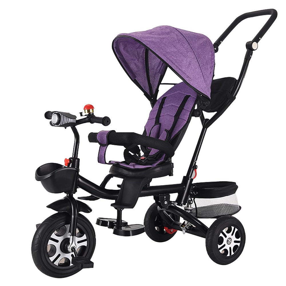 JIYIAN Purple, Children's Stroller Tricycle,Baby Trike with Guardrail, Rotatable Seat, Push Handle, Cover, Toys for Girl Boy Gift Outdoor Activities