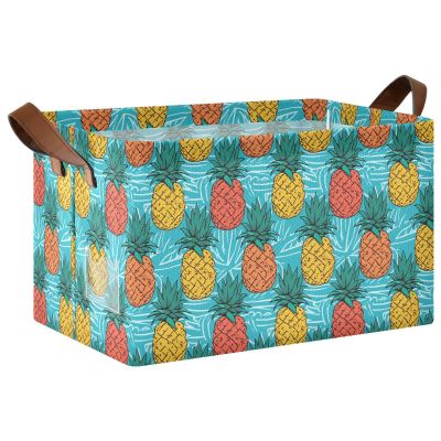 ALAZA Colorful Pineapple Blue Rectangular Closet Storage Box Storage Bin Basket Storage Cube with Leather Handles Nursery Storage Laundry Hamper 2 Piece