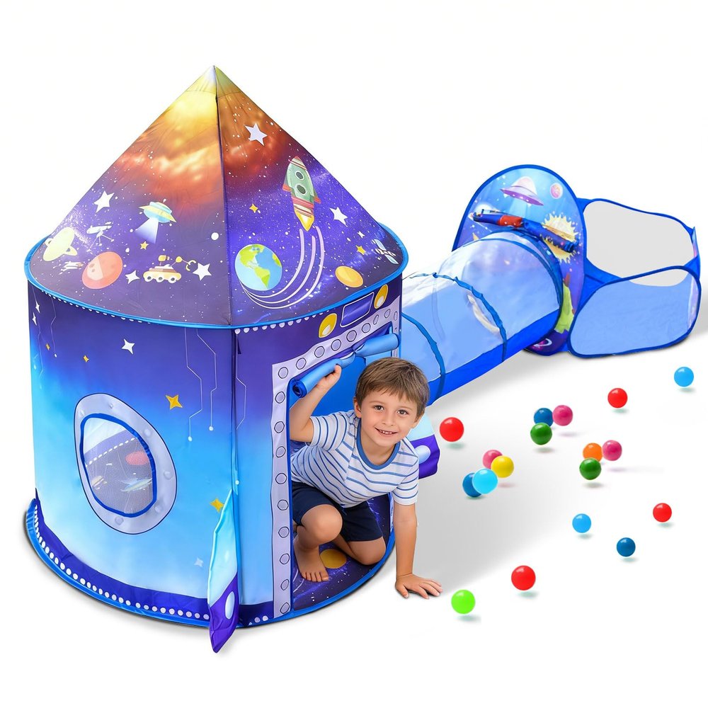 3 in 1 Rocket Ship Play Tent with Tunnel Ball Pit for Kids Space Themed Pop Up Playhouse Indoor Outdoor Astronaut Tent Set Toy Gift for Boys Girls Toddler Baby Child Games Birthday Party