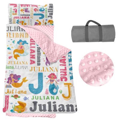 Personalized Toddler Nap Mats for Daycare - Custom Name Mermaid Kids Nap Mat for Preschool Kindergarten Girls Sleeping Bag with Pillow and Blanket, Thick Padded Easy Roll Up Pink