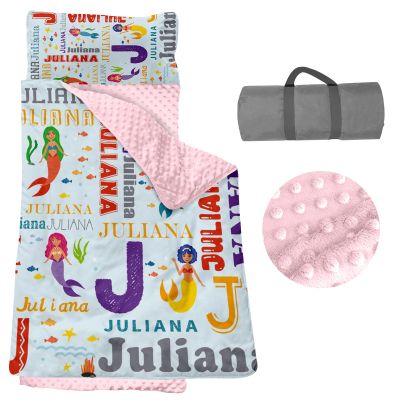 Personalized Toddler Nap Mats for Daycare - Custom Name Mermaid Kids Nap Mat for Preschool Kindergarten Girls Sleeping Bag with Pillow and Blanket, Thick Padded Easy Roll Up Alphabet