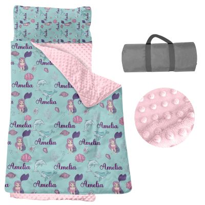 Personalized Toddler Nap Mats for Daycare - Custom Name Mermaid Kids Nap Mat for Preschool Kindergarten Girls Sleeping Bag with Pillow and Blanket, Thick Padded Easy Roll Up Dolphin