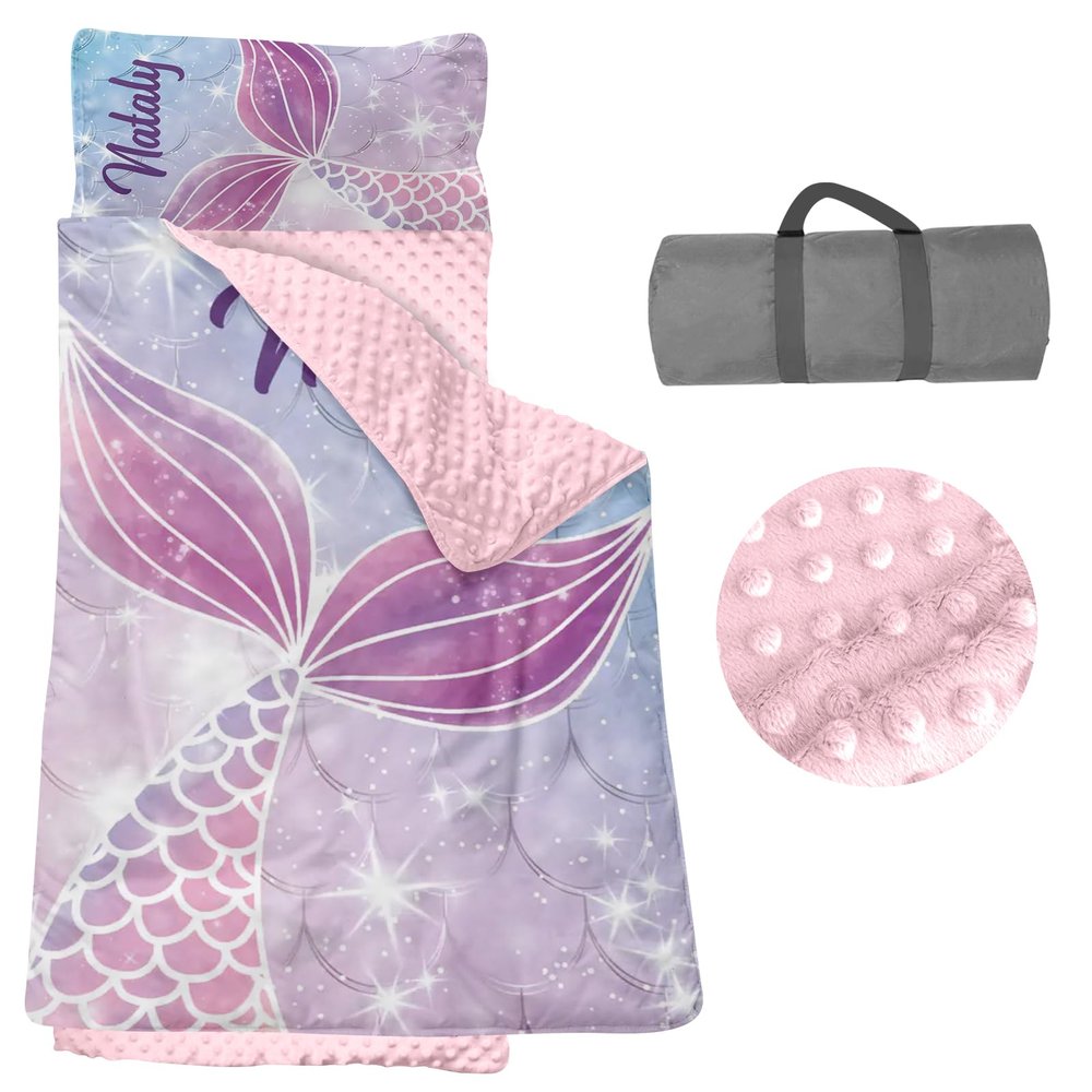Personalized Toddler Nap Mats for Daycare - Custom Name Mermaid Kids Nap Mat for Preschool Kindergarten Girls Sleeping Bag with Pillow and Blanket, Thick Padded Easy Roll Up Tail