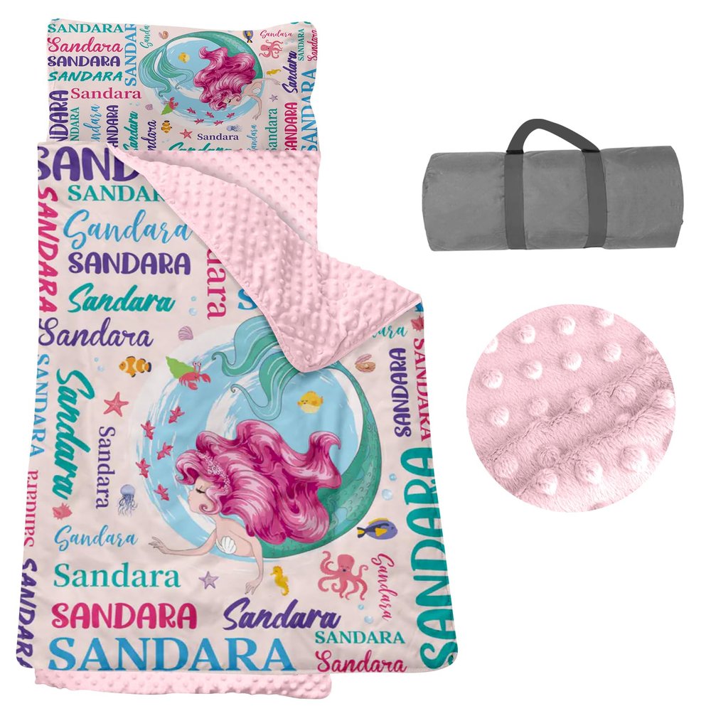 Personalized Toddler Nap Mats for Daycare - Custom Name Mermaid Kids Nap Mat for Preschool Kindergarten Girls Sleeping Bag with Pillow and Blanket, Thick Padded Easy Roll Up Names