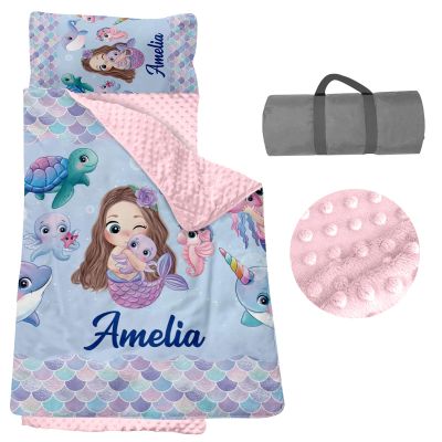 Personalized Toddler Nap Mats for Daycare - Custom Name Mermaid Kids Nap Mat for Preschool Kindergarten Girls Sleeping Bag with Pillow and Blanket, Thick Padded Easy Roll Up Girl