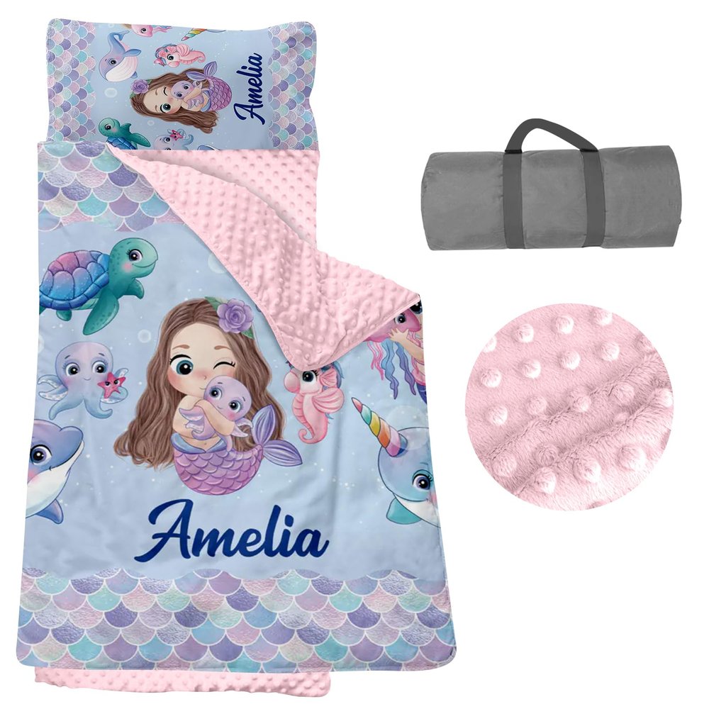Personalized Toddler Nap Mats for Daycare - Custom Name Mermaid Kids Nap Mat for Preschool Kindergarten Girls Sleeping Bag with Pillow and Blanket, Thick Padded Easy Roll Up Girl