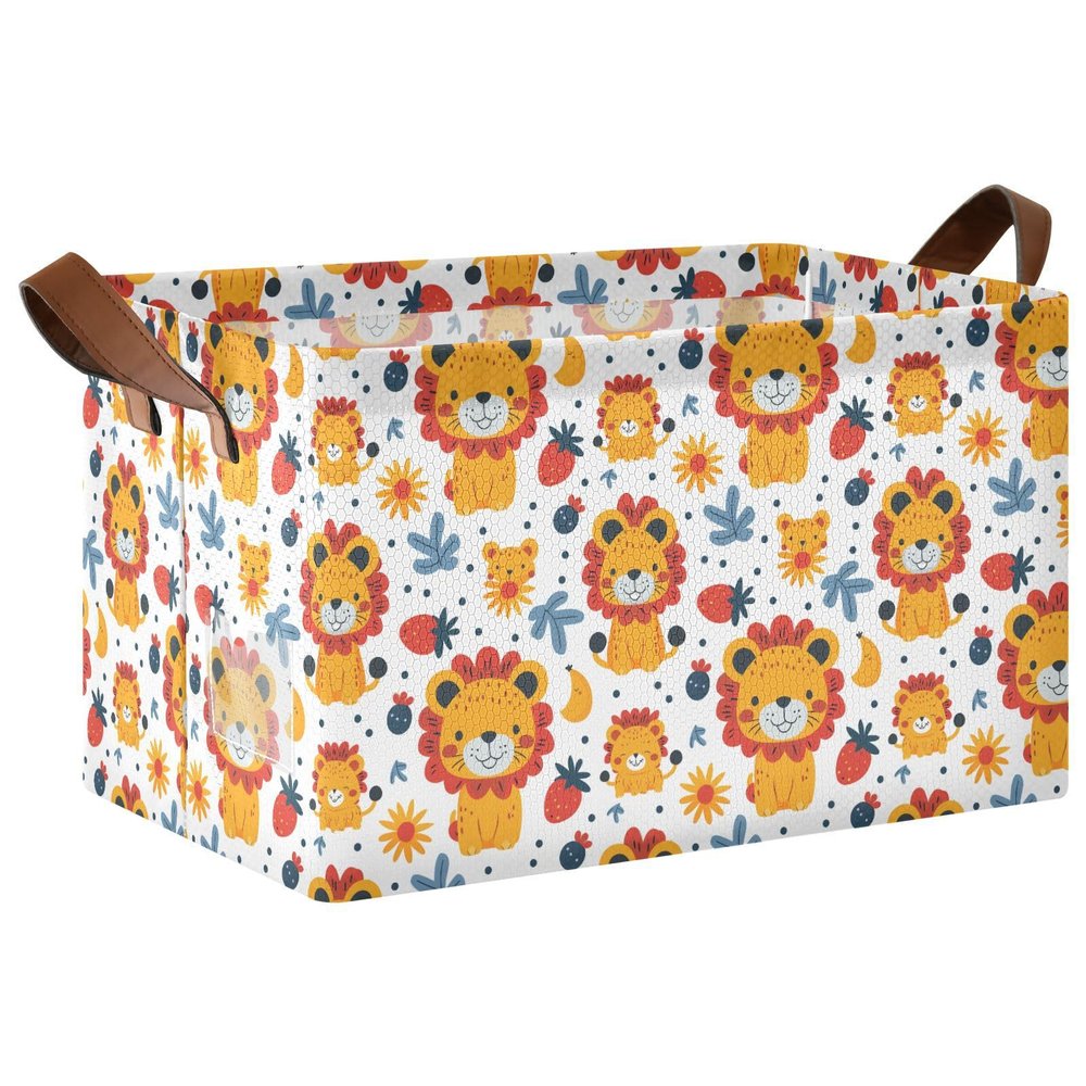 ALAZA Polka Dot Strawberry Lion Rectangular Closet Storage Box Storage Bin Basket Storage Cube with Leather Handles Nursery Storage Laundry Hamper 2 Piece