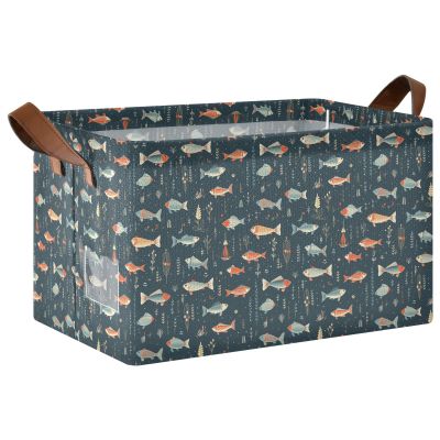 ALAZA Fish Navy Blue Rectangular Closet Storage Box Storage Bin Basket Storage Cube with Leather Handles Nursery Storage Laundry Hamper 2 Piece
