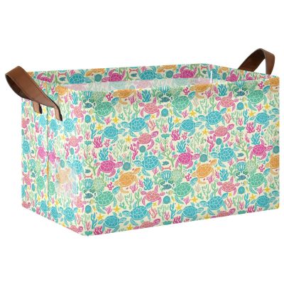 ALAZA Colored Sea Turtle Coral Reef Rectangular Closet Storage Box Storage Bin Basket Storage Cube with Leather Handles Nursery Storage Laundry Hamper 2 Piece