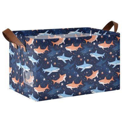 ALAZA Orange Blue Star Shark Fish Rectangular Closet Storage Box Storage Bin Basket Storage Cube with Leather Handles Nursery Storage Laundry Hamper 2 Piece