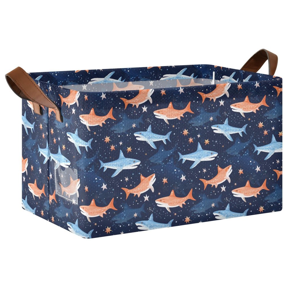 ALAZA Orange Blue Star Shark Fish Rectangular Closet Storage Box Storage Bin Basket Storage Cube with Leather Handles Nursery Storage Laundry Hamper 2 Piece