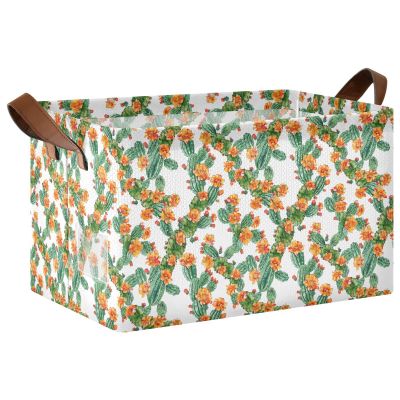 ALAZA Blossom Cactus White Rectangular Closet Storage Box Storage Bin Basket Storage Cube with Leather Handles Nursery Storage Laundry Hamper 2 Piece
